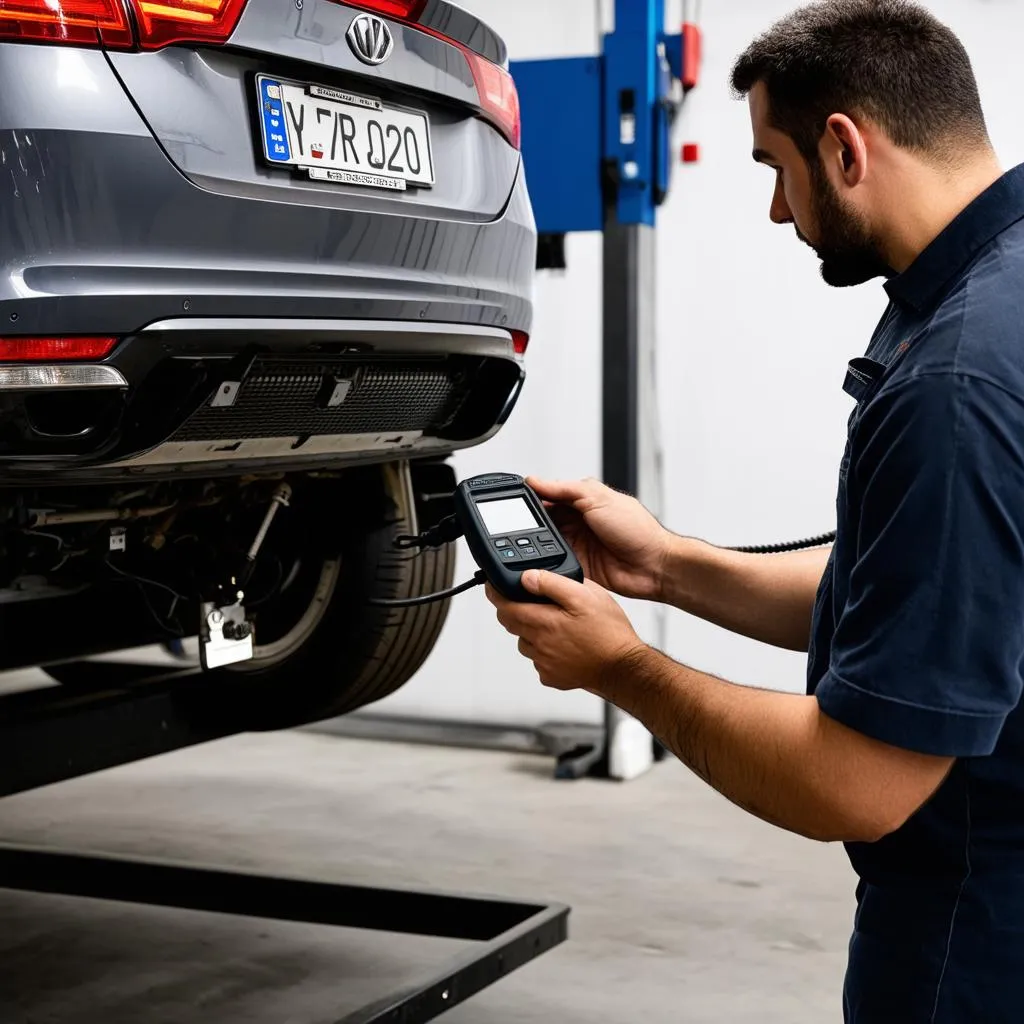 Mechanic plugging a diagnostic scanner into a car's OBD2 port